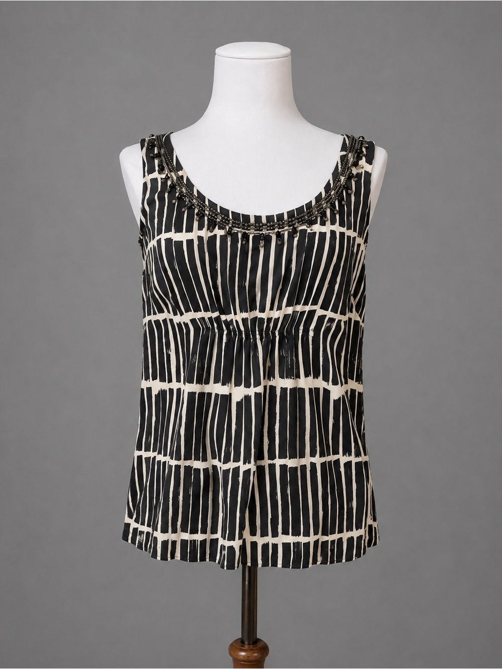 Ann Taylor Size 14 Black & Beige Silk Beaded Accent Tank Shell